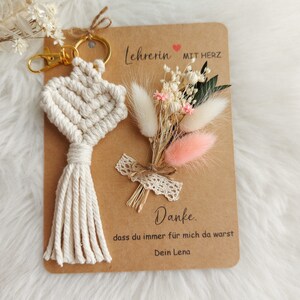 Makramee Schlüsselanhänger mit Grußkarte, Lehrerin mit Herz, Personalisiert, Abschiedsgeschenk, boho, Erzieherin