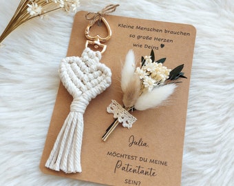 Card godmother questions with macrame keychain and mini dried flower bouquet, greeting card, gift card