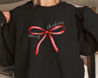 Maglione con fiocco natalizio Coquette, girocollo natalizio con fiocco rosso, regalo di Natale Coquette Bow, camicia da lavoro Merry Christmas, maglione con fiocco natalizio