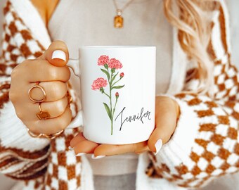 Tazza da caffè con fiore del mese di nascita con nome, tazza da caffè personalizzata, fiore di nascita, regali per bomboniere, regalo per proposta di damigella d'onore per lei