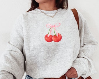 Felpa Coquette con ciliegie e fiocchi, girocollo con fiocco vintage, felpa con cappuccio estetica Coquette, camicia vintage con fiocco in cottage, regalo carino per lei