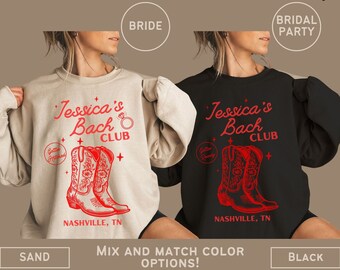 Felpa personalizzata Nashville Bach Club, girocollo addio al nubilato con posizione personalizzata, regali per proposta di addio al nubilato, regalo per addio al nubilato di Nashville