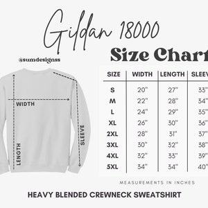 Op de afbeelding: Gildan 18000 Maattabel voor een zwaar gemengd crewneck sweatshirt. De tabel toont de afmetingen in inches voor breedte, lengte en mouwlengte voor maten S tot en met 5XL.