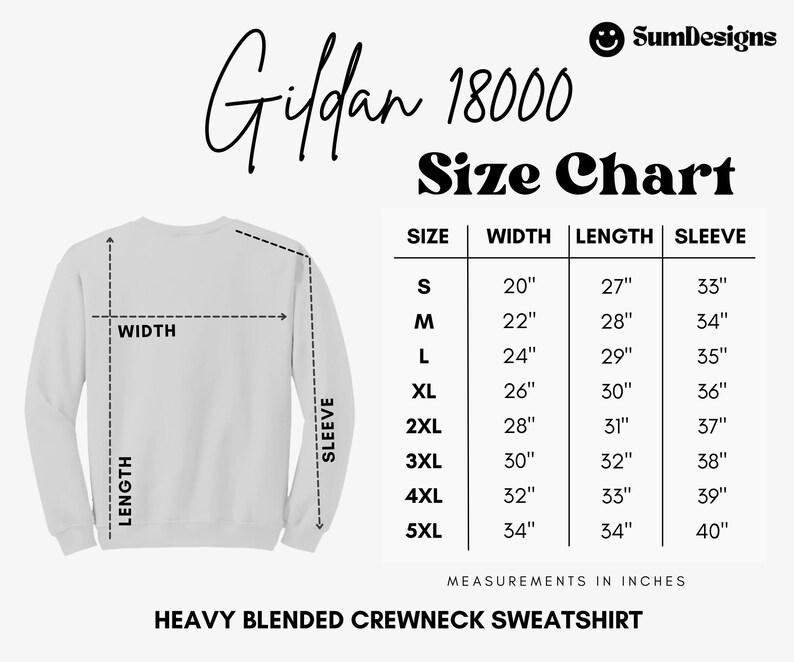 May include: White heavy blended crewneck sweatshirt with a size chart. The chart shows measurements in inches for width, length, and sleeve length, ranging from size S to 5XL. The brand name is Gildan 18000.