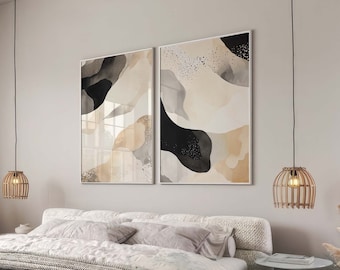 Set of 2 Prints, Black and Beige Wall Art, Abstract Poster Set, Bedroom Wall Art, Dining Room Art, Black and White Minimalist Contemporary