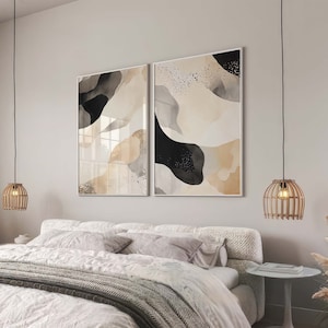 2er-Set Prints, Schwarz-Beige Wandkunst, Abstraktes Poster Set, Schlafzimmer Wandkunst, Esszimmer Kunst, Minimalistisch Schwarz und Weiß