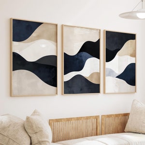 Navy Blue Wall Art - Modern Simple 3-Piece Gallery Set, Beige Nordic Prints & Minimalist Abstract Decor for Home, Bedroom Wall Art Printable