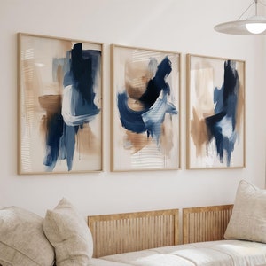 Navy Blue Wall Art Set of 3 Printable, Modern Abstract Art, Minimalist Brush Strokes Digital Prints for Home Decor Natural Printable Wallart