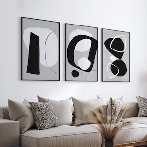 Neutrale Wandkunst, Grau-Schwarze Wandkunst, Große Abstrakte Wandkunst, 3 Teiliges Wand-Kunst-Set Digitale Kunst Drucke Mid-Century Moderne Wandkunst