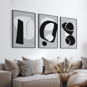 Neutral Wall Art, Grey Black Wall Art, Large Abstract Wall Art, 3 Piece Wall Art Set Digital Art Prints Mid-Century Modern Wall Art