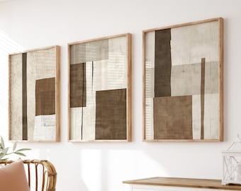 Arte de parede neutra, arte de parede em tons de marrom e bege, arte de parede abstrata para quarto, conjunto de 3 peças de arte de parede, impressões de arte digital, arte de parede minimalista e moderna.