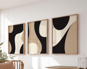 Conjunto de 3 peças de arte de parede moderna em tons neutros, com arte abstrata em preto e bege, ideal para decoração de casa de campo, quarto e sala de estar. Disponível para impressão. Design minimalista.