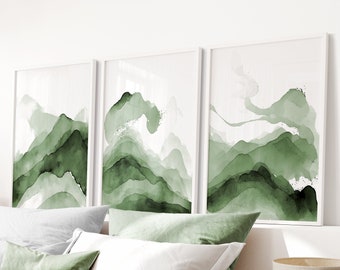 Green Wall Art Set of 3 Prints, Abstract Green Painting, Wall Art Prints, Neutral Wall Decor, Printable Living Room Art, Minimalist