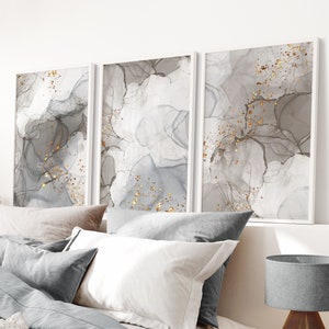 Grey Wall Art Prints, Marble Wall Prints, Set of 3 Prints, Bedroom Wall Art, Bedroom Wall Decor, Grey, Gold, Wall Art, Wall Decor