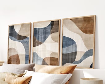Arte mural contemporáneo en tonos neutros: Conjunto abstracto azul y beige, 3 piezas grandes de arte mural, impresiones digitales en estilo moderno de mediados de siglo.