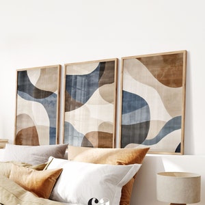Arte de parede neutra contemporânea: conjunto abstrato azul-bege, arte de parede grande de 3 peças, impressões digitais em estilo moderno de meados do século