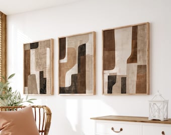 Conjunto de 3 Quadros Abstratos Neutros para Parede, Arte de Parede em Tons de Madeira Marrom e Bege, Arte de Parede Abstrata Grande, Conjunto de 3 Peças de Arte de Parede em Estilo Boho Moderno