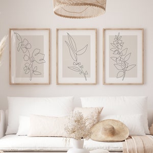 Beige Wandkunst 3er Set Drucke, Line Art Print Blume, Boho Neutrale Wanddeko, druckbare Wohnzimmerkunst, minimalistische 3-teilige Kunstdrucke