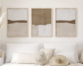 Neutral Brown Wall Art, Brown Beige Wall Art, Large Abstract Wall Art, 3 Piece Wall Art Set Digital Art Prints Mid-Century Modern Wall Art