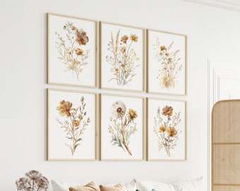 Wildflowers Print Set of 6, Boho Botanical Gallery Wall Art, 6 piece Neutral Floral Posters, Farmhouse Decor Minimalist Bouquet, Gallery set