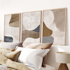 Neutral Wall Art, Blue Beige Wall Art, Large Abstract Wall Art, 3 Piece Wall Art Set Digital Art Prints Mid-Century Modern Wall Art