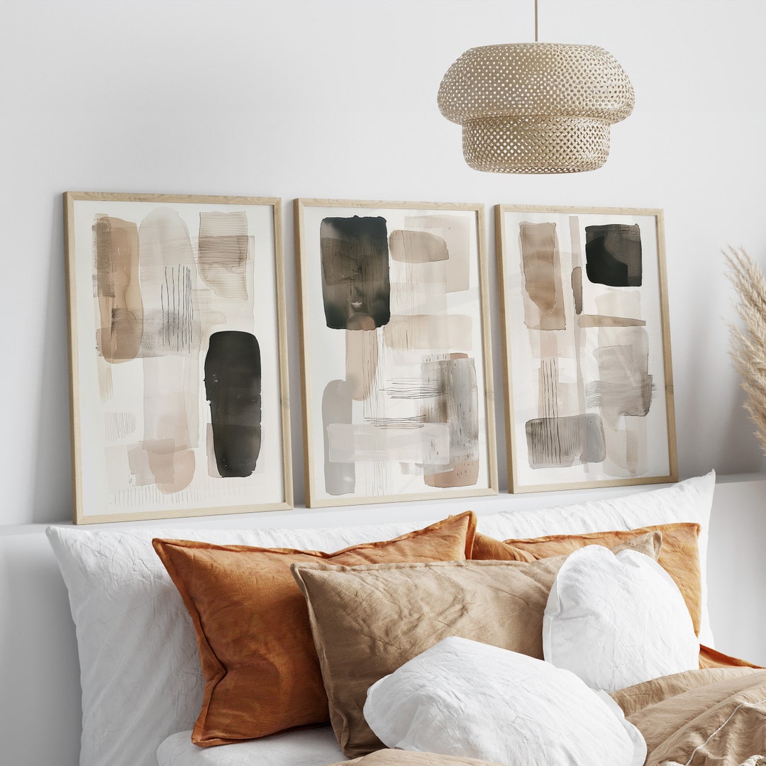Modern Neutral Abstract Printable Wall Art Set of 3, Black & Beige ...