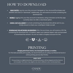 Puede incluir: Una gu&iacute;a de descarga digital para obras de arte compradas en Etsy. La gu&iacute;a explica c&oacute;mo descargar la obra de arte desde un ordenador de sobremesa o un dispositivo m&oacute;vil, as&iacute; como c&oacute;mo descargar la obra de arte desde Dropbox. La gu&iacute;a tambi&eacute;n incluye informaci&oacute;n sobre la impresi&oacute;n de la obra de arte en casa, en un servicio de impresi&oacute;n local o en l&iacute;nea. La gu&iacute;a incluye una nota que indica que la compra es una descarga digital y que no se enviar&aacute; ning&uacute;n producto f&iacute;sico. La gu&iacute;a tambi&eacute;n incluye una nota que indica que los colores pueden variar ligeramente debido a los diferentes monitores/impresoras.