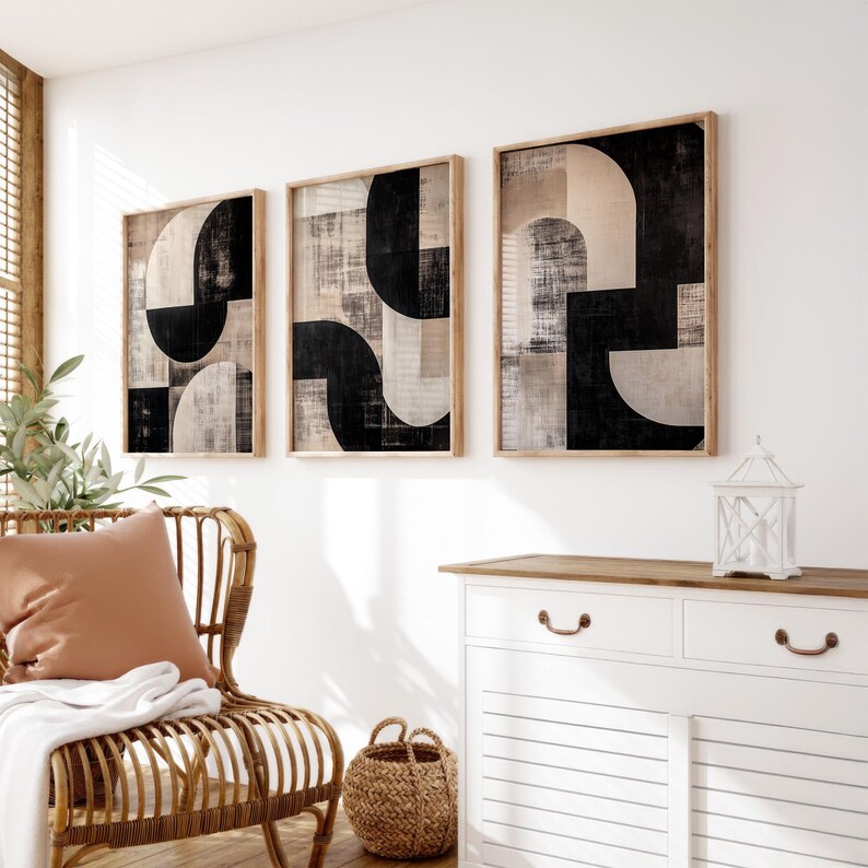 Modern Abstract Neutral Gallery Wall Art Set of 3 Black and Beige ...