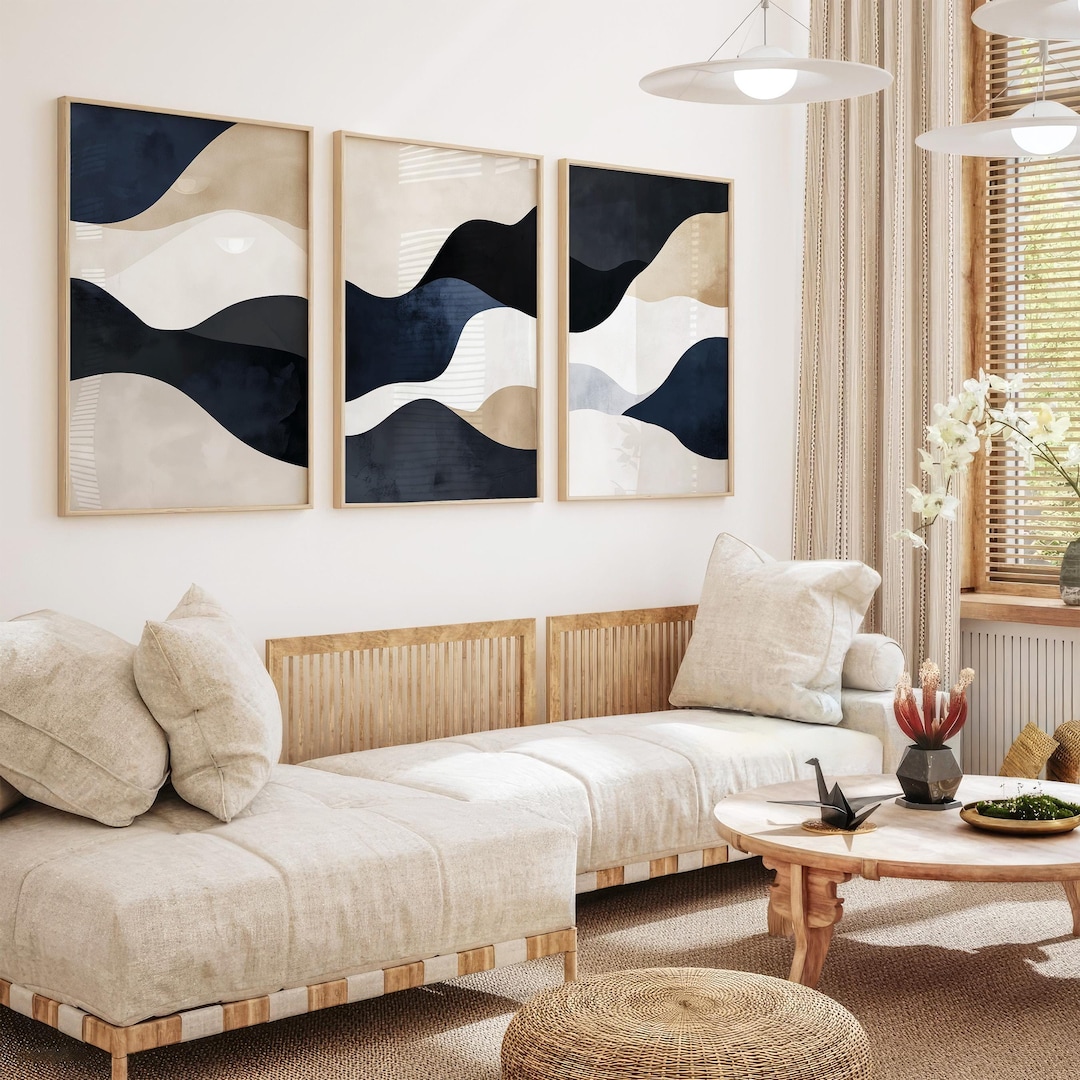 Navy Blue Wall Art - Modern Simple 3-piece Gallery Set, Beige Nordic ...