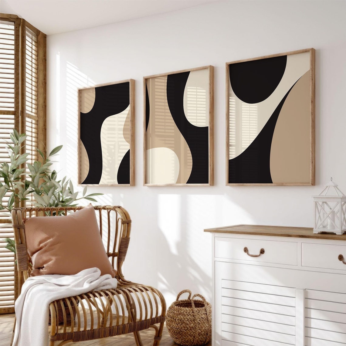 Modern Neutral Gallery Wall Art Set of 3 Black and Beige Abstract Art ...