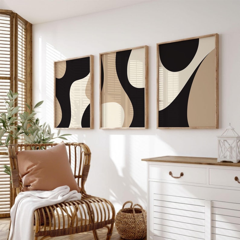 Modern Neutral Gallery Wall Art Set of 3 Black and Beige Abstract Art ...