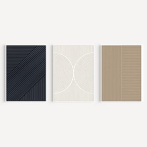 May include: Three abstract geometric prints featuring black, white and beige lines. The first print has black lines on a dark blue background. The second print has white lines on a light beige background. The third print has beige lines on a light brown background.