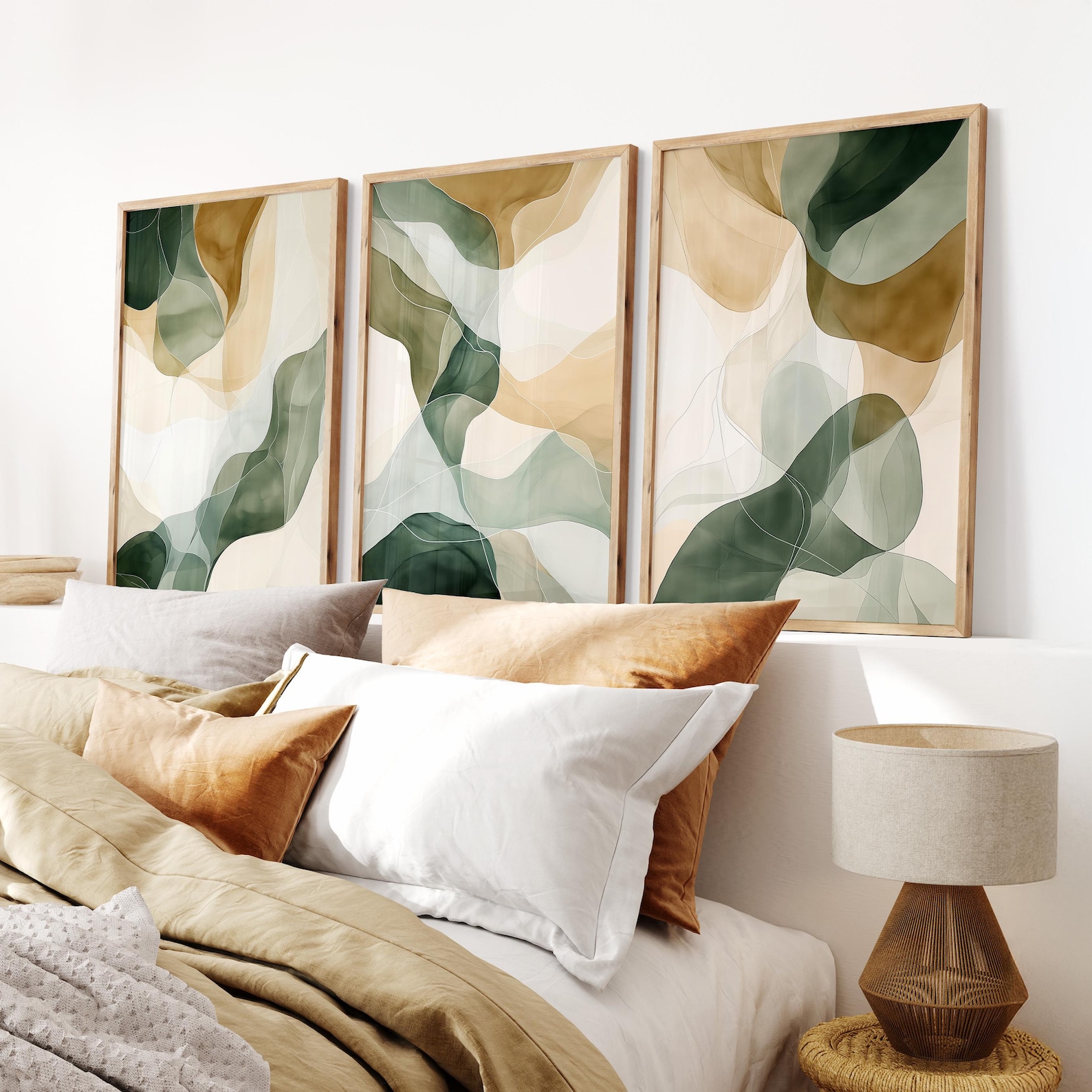 Set of 3 Abstract Green Botanical Wall Art Prints, Neutral Watercolor ...
