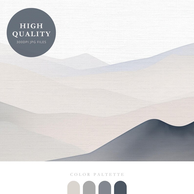 Puede incluir: Impresi&oacute;n digital abstracta que presenta un paisaje de monta&ntilde;as suaves y superpuestas en tonos de gris y blanco. Las monta&ntilde;as est&aacute;n representadas en un estilo pict&oacute;rico, con un fondo texturizado. El texto "HIGH QUALITY 300DPI JPG FILES" se muestra en un c&iacute;rculo en la parte superior de la imagen. Una paleta de colores de cinco tonos de gris se muestra en la parte inferior de la imagen.
