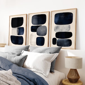 Navy Blue Wall Art | Set of 3 Modern Geometric Abstract Prints | Minimalist Digital Download Decor | Printable Art Home | Bedroom Wall Decor
