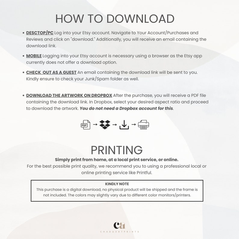 Pode incluir: Um fundo branco com texto preto que explica como baixar um produto digital do Etsy. O texto inclui instru&ccedil;&otilde;es para baixar em um computador desktop ou um dispositivo m&oacute;vel, bem como instru&ccedil;&otilde;es para baixar do Dropbox. O texto tamb&eacute;m inclui informa&ccedil;&otilde;es sobre a impress&atilde;o do produto digital em casa ou em um servi&ccedil;o de impress&atilde;o local.