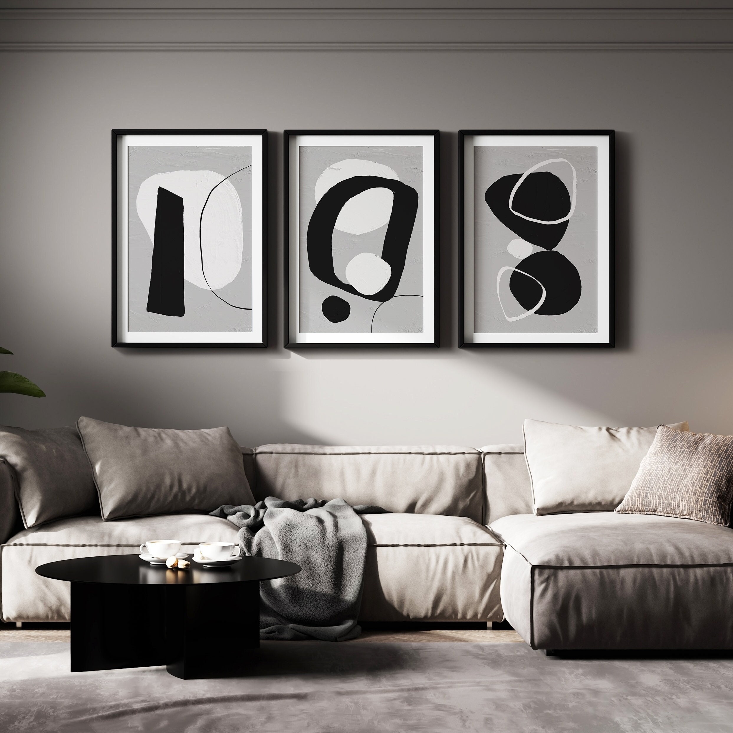 Neutral Wall Art, Grey Black Wall Art, Large Abstract Wall Art, 3 Piece