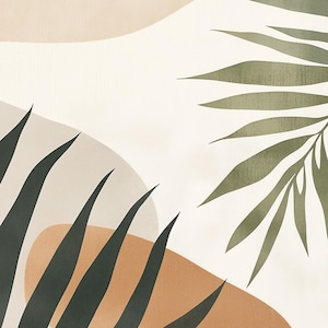 May include: Abstract art print featuring a white background with overlapping shapes in beige, brown, and green. The shapes are organic and resemble leaves.