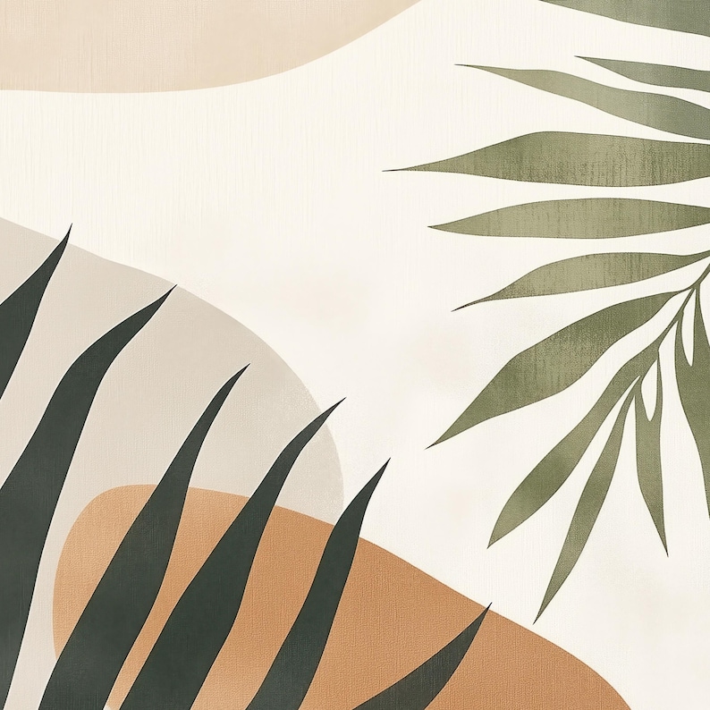 May include: Abstract art print featuring a white background with overlapping shapes in beige, brown, and green. The shapes are organic and resemble leaves.