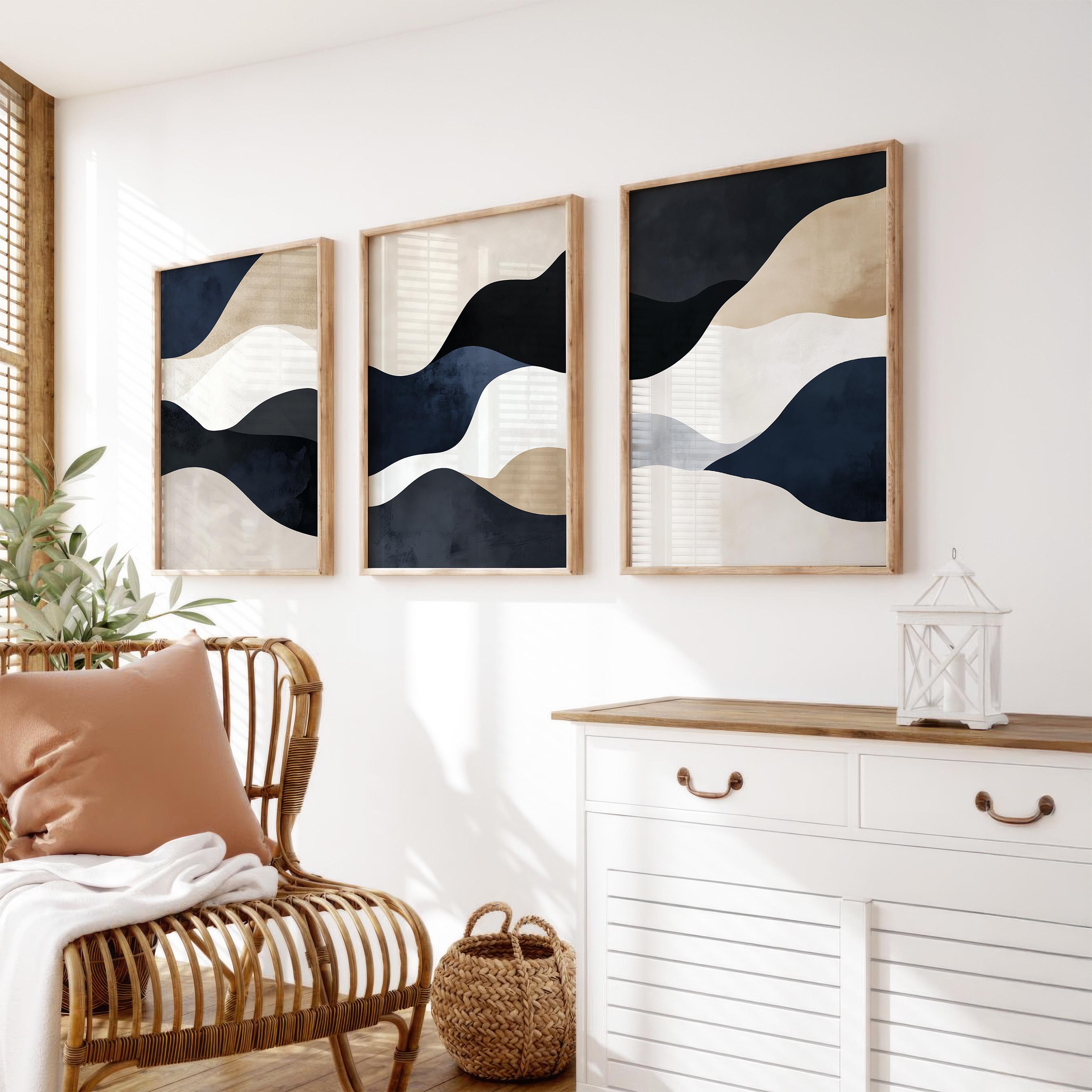 Navy Blue Wall Art - Modern Simple 3-piece Gallery Set, Beige Nordic ...