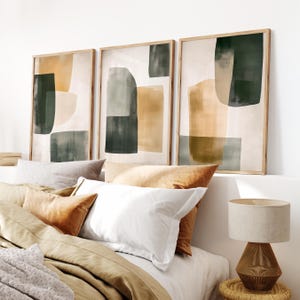 Modern Abstract Wall Art Set of 3, Olive Green Beige Digital Download Prints, Minimalist Boho Artwork for Living Room or Office Decor