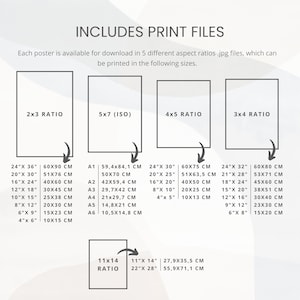 Pode incluir: Um gr&aacute;fico que mostra diferentes propor&ccedil;&otilde;es de aspeto e os tamanhos de impress&atilde;o correspondentes para cartazes. O gr&aacute;fico inclui medidas em polegadas e cent&iacute;metros. O texto "INCLUDES PRINT FILES" est&aacute; no topo do gr&aacute;fico.