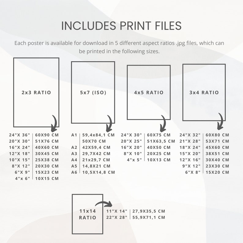 Pode incluir: Um gr&aacute;fico que mostra diferentes propor&ccedil;&otilde;es de aspeto e os tamanhos de impress&atilde;o correspondentes para cartazes. O gr&aacute;fico inclui medidas em polegadas e cent&iacute;metros. O texto "INCLUDES PRINT FILES" est&aacute; no topo do gr&aacute;fico.