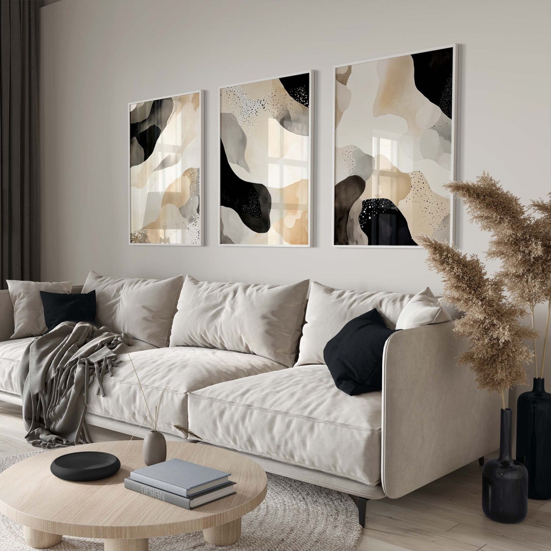 Set of 3 Prints, Black and Beige Wall Art, 3 Piece Art Prints, Neutral