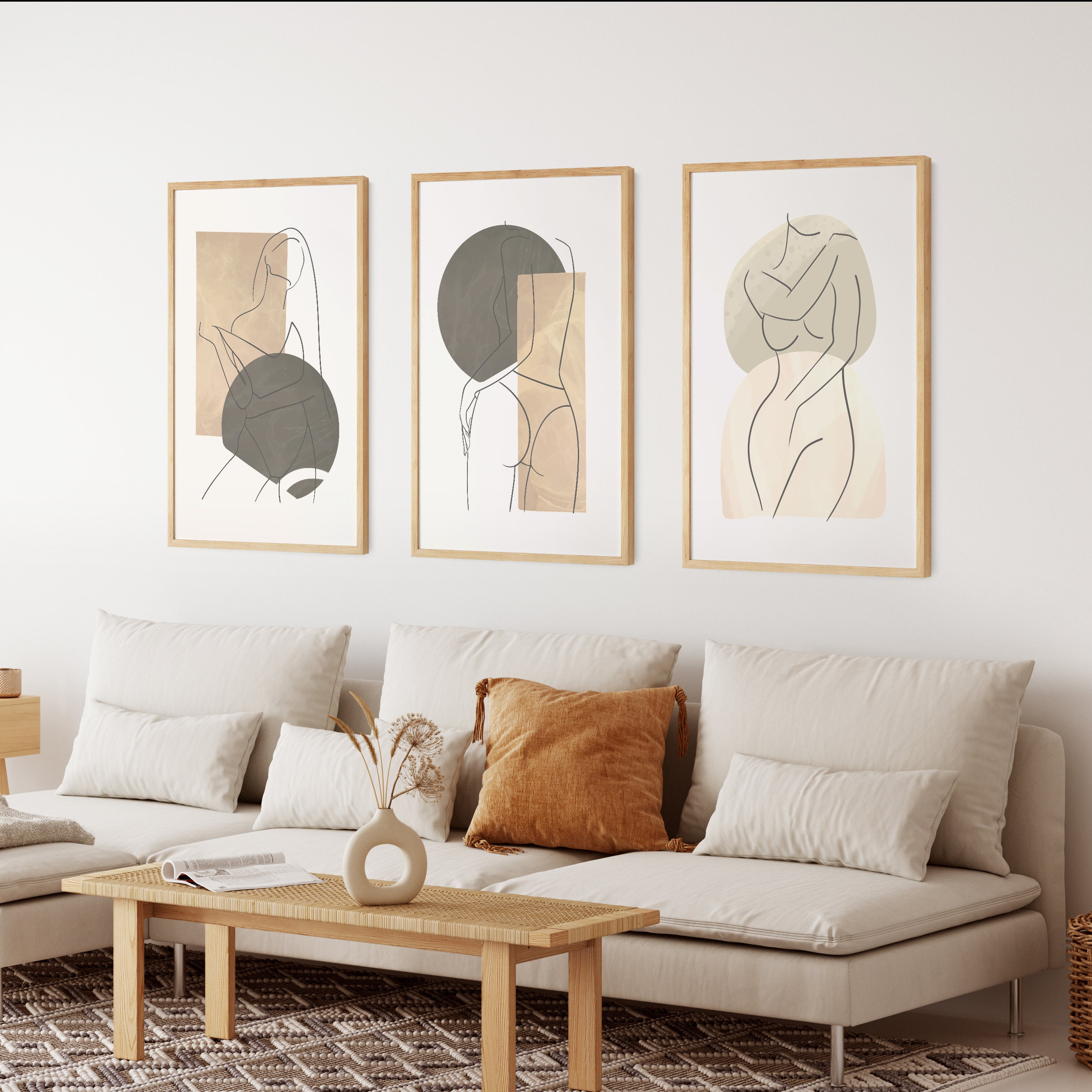 Woman Line Art, Female One Line Art Print, Set of 3 Prints, Beige ...