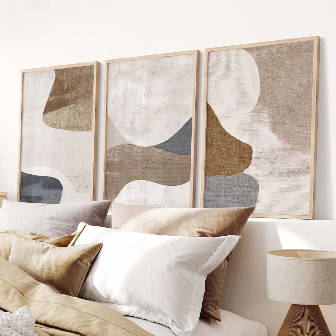 Neutral Wall Art, Blue Beige Wall Art, Large Abstract Wall Art, 3 Piece