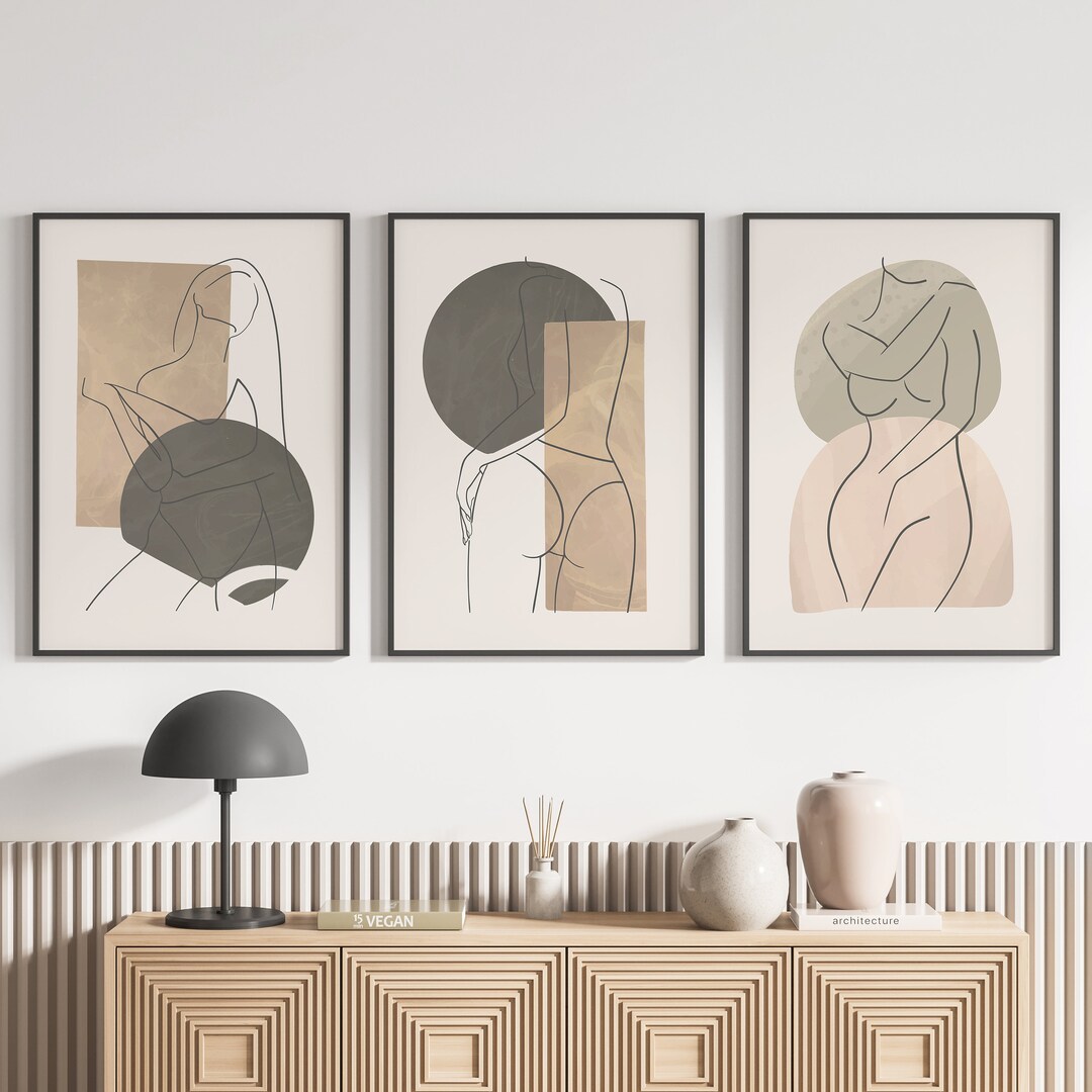 Woman Line Art, Female One Line Art Print, Set of 3 Prints, Beige ...