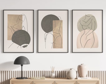 Woman Line Art, Female One Line Art Print, Set Of 3 Prints, Beige Minimalist Boho Wall Art, Body Positive Printable Wall Art | Download