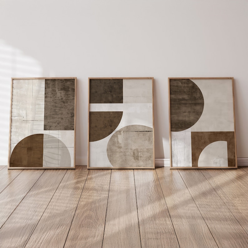 Set of 3 Neutral Modern Wall Art Prints, Geometric Brown and Beige Wall ...