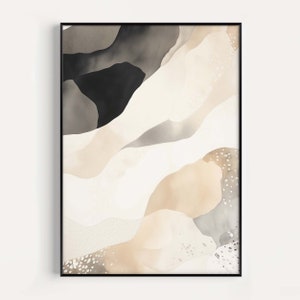 Op de afbeelding: Abstracte kunstprint met een witte achtergrond en overlappende vormen in tinten bruin, beige en grijs.